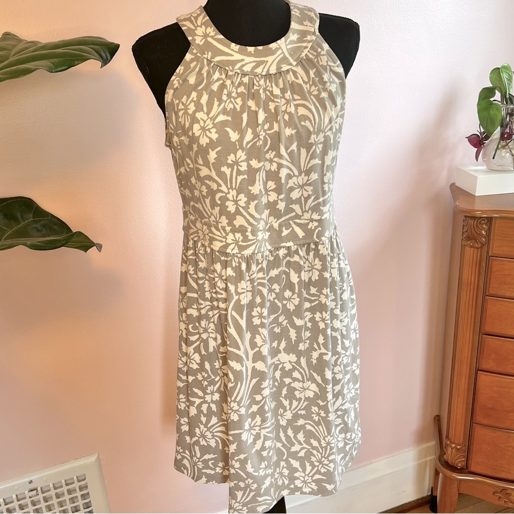 LOFT Halter Neck Gray and Cream Floral Cotton Dress